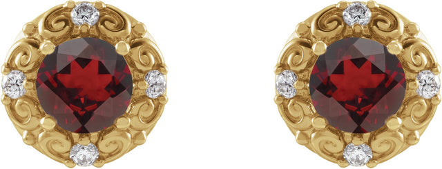 14K Gold Natural Mozambique Garnet & Natural Diamond Round 4-Prong Halo-Style Earrings – 4-6mm Stones - Yellow Gold - view 2