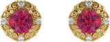 14K Gold Natural Ruby & Natural Diamond Round 4-Prong Halo-Style Earrings - Yellow Gold - view 2