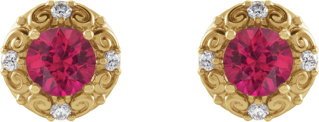 14K Gold Natural Ruby & Natural Diamond Round 4-Prong Halo-Style Earrings - Yellow Gold - view 2