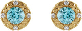 14K Gold Natural Blue Zircon & Natural Diamond Round 4-Prong Halo-Style Earrings - Yellow Gold - view 2