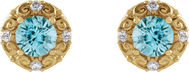 14K Gold Natural Blue Zircon & Natural Diamond Round 4-Prong Halo-Style Earrings - Yellow Gold - view 2