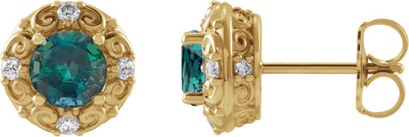 14K Gold Lab-Grown Alexandrite & Natural Diamond Round 4-Prong Halo-Style Earrings – 4-6mm Stones - Yellow Gold