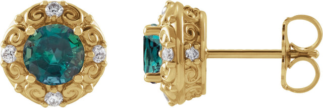 14K Gold Lab-Grown Alexandrite & Natural Diamond Round 4-Prong Halo-Style Earrings – 4-6mm Stones - Yellow Gold
