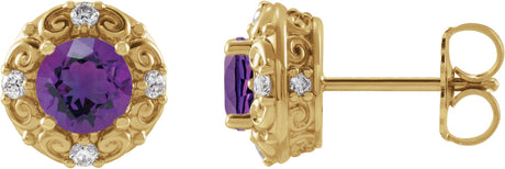 14K Gold Natural Amethyst & Natural Diamond Round 4-Prong Halo-Style Earrings – 4-6mm Stones - Yellow Gold