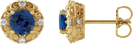 14K Gold Lab-Grown Blue Sapphire & Natural Diamond Round 4-Prong Halo-Style Earrings – 4-6mm Stones - Yellow Gold