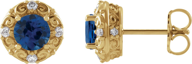 14K Gold Natural Blue Sapphire & Natural Diamond Round 4-Prong Halo-Style Earrings – 4-6mm Stones - Yellow Gold