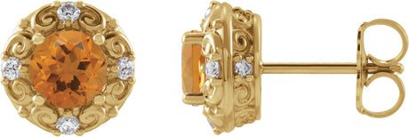 14K Gold Natural Citrine & Natural Diamond Round 4-Prong Halo-Style Earrings – 4-6mm Stones - Yellow Gold