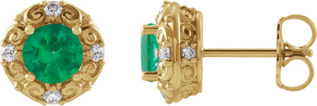 14K Gold Lab-Grown Emerald & Natural Diamond Round 4-Prong Halo-Style Earrings – 4-6mm Stones - Yellow Gold