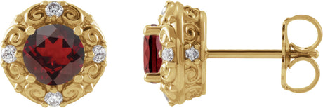 14K Gold Natural Mozambique Garnet & Natural Diamond Round 4-Prong Halo-Style Earrings – 4-6mm Stones - Yellow Gold