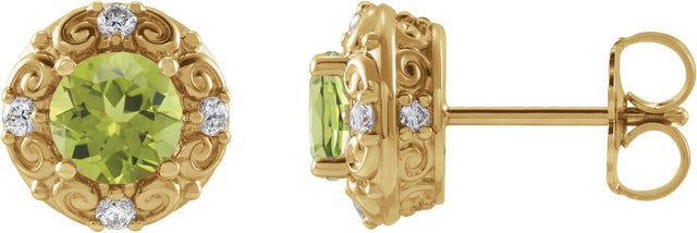 14K Gold Natural Peridot & Natural Diamond Round 4-Prong Halo-Style Earrings – 4-6mm Stones - Yellow Gold