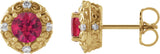 14K Gold Natural Ruby & Natural Diamond Round 4-Prong Halo-Style Earrings - Yellow Gold