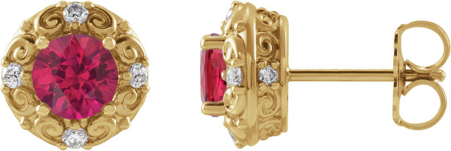 14K Gold Lab-Grown Ruby & Natural Diamond Round 4-Prong Halo-Style Earrings II - Yellow Gold