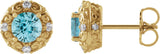 14K Gold Natural Blue Zircon & Natural Diamond Round 4-Prong Halo-Style Earrings - Yellow Gold