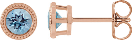 14K Gold Natural Aquamarine Round Bezel-Set Stud Earrings - Rose Gold