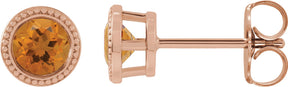 14K Gold Natural Citrine Round Bezel-Set Stud Earrings - Rose Gold