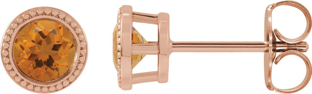 14K Gold Natural Citrine Round Bezel-Set Stud Earrings - Rose Gold