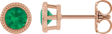 14K Gold Natural Emerald Round Bezel-Set Stud Earrings - Rose Gold
