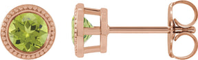 14K Gold Natural Peridot Round Bezel-Set Stud Earrings - Rose Gold