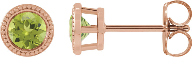 14K Gold Natural Peridot Round Bezel-Set Stud Earrings - Rose Gold