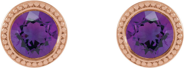 14K Gold Natural Amethyst Round Bezel-Set Stud Earrings - Rose Gold - view 2