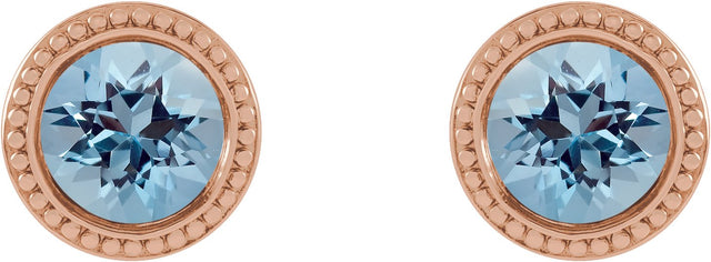 14K Gold Natural Aquamarine Round Bezel-Set Stud Earrings - Rose Gold - view 2