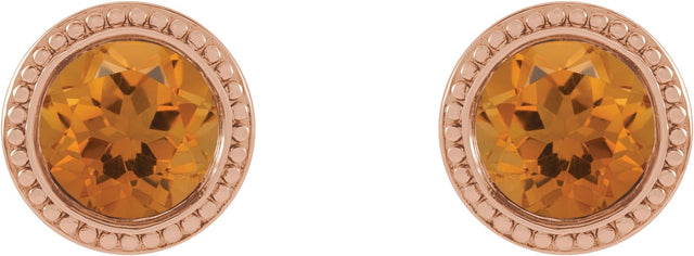 14K Gold Natural Citrine Round Bezel-Set Stud Earrings - Rose Gold - view 2