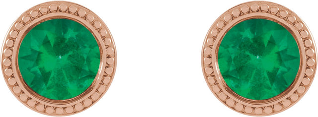 14K Gold Natural Emerald Round Bezel-Set Stud Earrings - Rose Gold - view 2