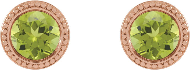 14K Gold Natural Peridot Round Bezel-Set Stud Earrings - Rose Gold - view 2