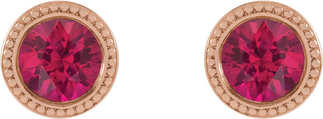 14K Gold Natural Ruby Round Bezel-Set Stud Earrings - Rose Gold - view 2