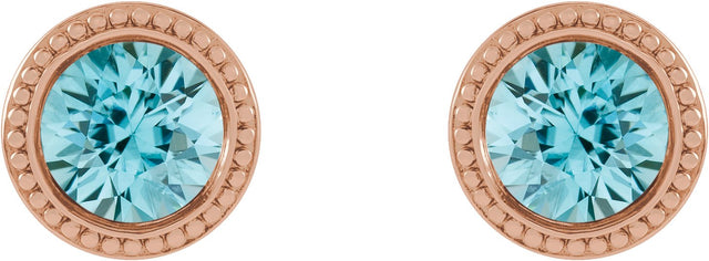 14K Gold Natural Blue Zircon Round Bezel-Set Stud Earrings - Rose Gold - view 2