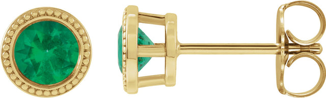 14K Gold Lab-Grown Emerald Round Bezel-Set Stud Earrings - Yellow Gold