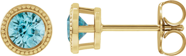 14K Gold Natural Blue Zircon Round Bezel-Set Stud Earrings - Yellow Gold