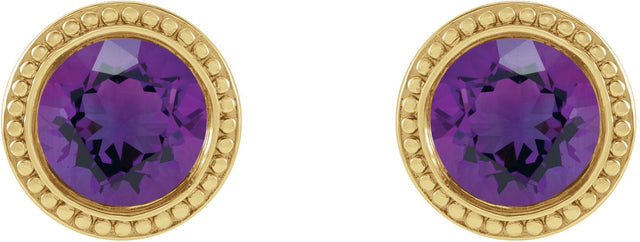 14K Gold Natural Amethyst Round Bezel-Set Stud Earrings - Yellow Gold - view 2