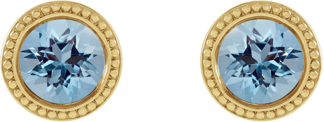 14K Gold Natural Aquamarine Round Bezel-Set Stud Earrings - Yellow Gold - view 2