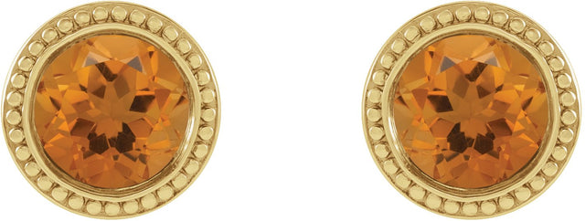 14K Gold Natural Citrine Round Bezel-Set Stud Earrings - Yellow Gold - view 2