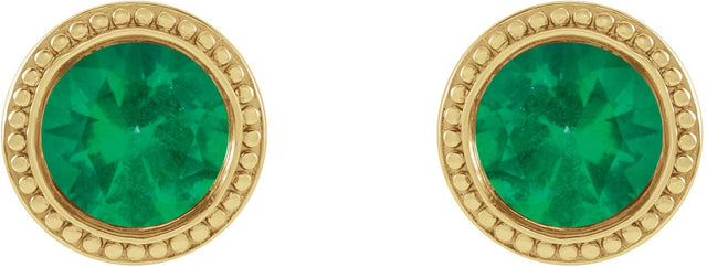 14K Gold Lab-Grown Emerald Round Bezel-Set Stud Earrings - Yellow Gold - view 2