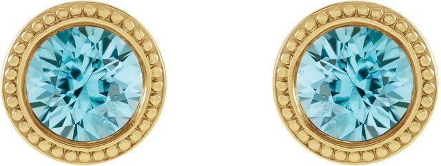 14K Gold Natural Blue Zircon Round Bezel-Set Stud Earrings - Yellow Gold - view 2