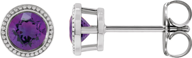 Platinum Natural Amethyst Round Bezel-Set Stud Earrings