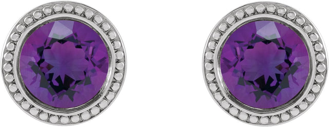 14K Gold Natural Amethyst Round Bezel-Set Stud Earrings - White Gold - view 2
