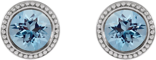 14K Gold Natural Aquamarine Round Bezel-Set Stud Earrings - White Gold - view 2