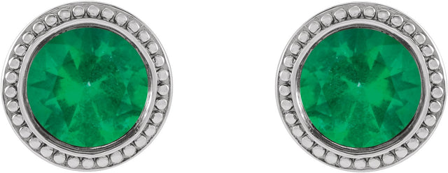 14K Gold Lab-Grown Emerald Round Bezel-Set Stud Earrings - White Gold - view 2