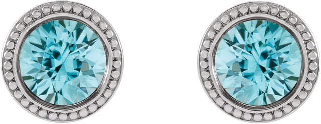 14K Gold Natural Blue Zircon Round Bezel-Set Stud Earrings - White Gold - view 2