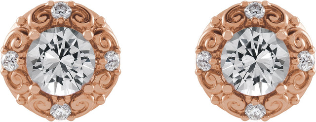 14K Gold Natural White Sapphire & Natural Diamond Round 4-Prong Halo-Style Earrings - Rose Gold - view 2