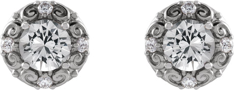 Platinum Natural White Sapphire & Natural Diamond Round 4-Prong Halo-Style Earrings - view 2