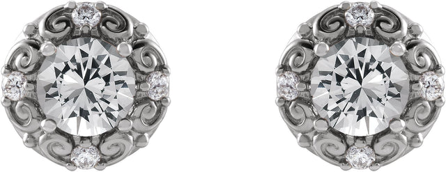 14K Gold Natural White Sapphire & Natural Diamond Round 4-Prong Halo-Style Earrings - White Gold - view 2