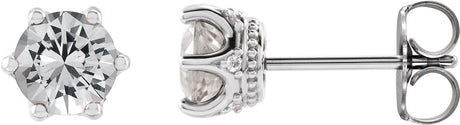 14K Gold Natural White Sapphire & Natural Diamond Round 6-Prong Accented Crown Stud Earrings - White Gold