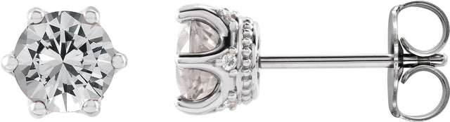 14K Gold Natural White Sapphire & Natural Diamond Round 6-Prong Accented Crown Stud Earrings - White Gold