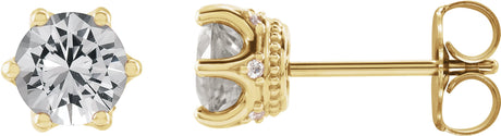 14K Gold Natural White Sapphire & Natural Diamond Round 6-Prong Accented Crown Stud Earrings - Yellow Gold