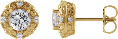 14K Gold Natural White Sapphire & Natural Diamond Round 4-Prong Halo-Style Earrings - Yellow Gold