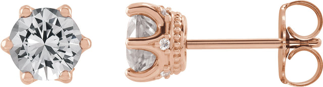 14K Gold Natural White Sapphire & Natural Diamond Round 6-Prong Accented Crown Stud Earrings - Rose Gold